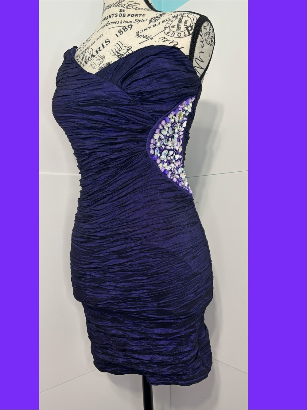 Teeze Me Women’s Purple Ruched Mini Cocktail Dress Side Crystals One Shoulder